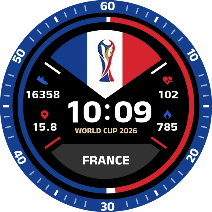 Round France team color Da Fit watch face with steps, heart rate, calories, and distance